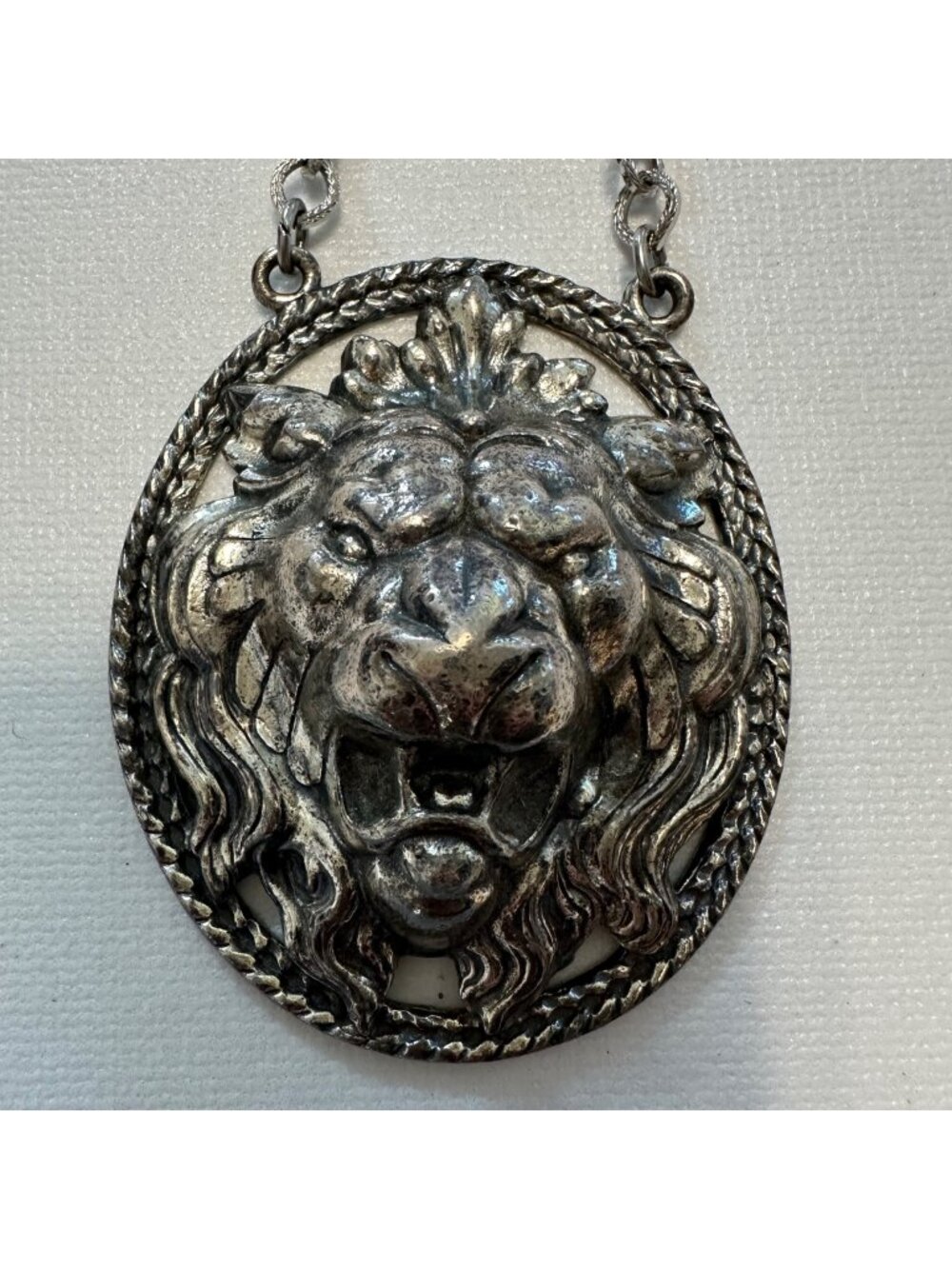 Vintage Signed Napier Lion Head Statement Necklace Silver Tone Runway 3D